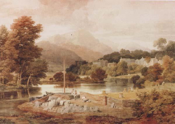 Ramsay Richard Reinagle A Slate Wharf,with the Village of Clappersgate and Coniston Fells,near the Head of Windermere-Forenoon (mk47) Norge oil painting art